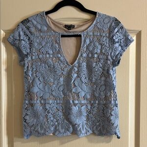 Express Light Blue Floral Lace Keyhole Blouse